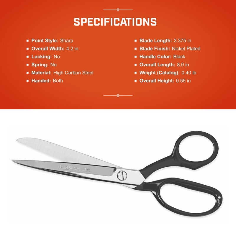 Wiss Crescent Wiss 8-1/8" Industrial Bent Trimmers - Heavy Duty Scissors Cutting Tool for Sewing Fabric, Carpet, Drapery, Upholstery - Professional Shears - 428N - Image 5